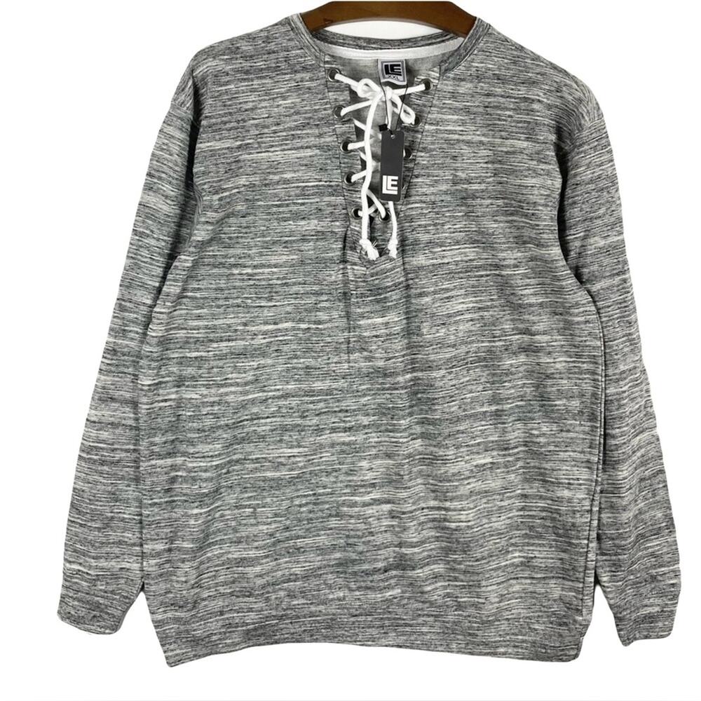 Nwt LIQUID ENERGY Sweatshirt XXL Grey V-Neck-Rope-Lace-Up Long-Sleeve Cotton